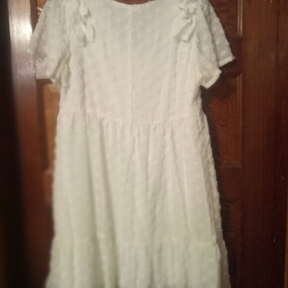 Women's Swiss Dot Fabric Babydoll V-Neck Mini Dress - Picture 2 of 2